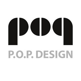 Logo mit Text "P.O.P. DESIGN" in schwarzer und grauer Schrift.