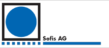 Blauer Kreis mit Text "Sofis AG" darunter, schwarze Umrandung, blaue Quadratreihe unten links.