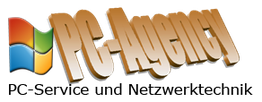 Logo der "PC-Agency" mit Windows-Symbol links und goldener Schrift auf grauem Hintergrund.