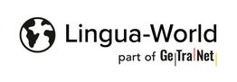 Logo von Lingua-World, Teil von GeTraNet, mit stilisierter Weltkugel.
