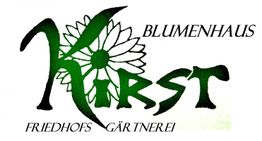 Logo zeigt "Kirst Blumenhaus Friedhofs Gärtnerei" mit grünem Schriftzug und Blume im Hintergrund.