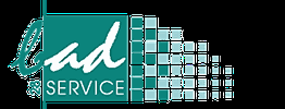 Logo mit „lad SERVICE“ in Türkis und Pixelquadraten auf grauem Hintergrund.