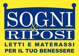 Logo blu su sfondo giallo con testo: "Sogni & Riposi - Letti e materassi per il tuo benessere".
