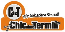 Logo mit Text: "Chic ohne Termin - Wir hübschen Sie auf!" Hintergrund in Orange. Schere und Kamm.
