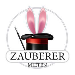 Hut mit Zauberstab und Hasenohren, Text "Zauberer mieten" darunter.