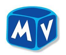 Cubo azul con las letras blancas "M" y "V" en una esquina redondeada.