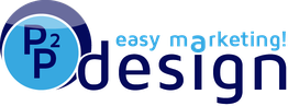Logo mit dem Text "P2P easy marketing! design" in Blau- und Lilatönen.