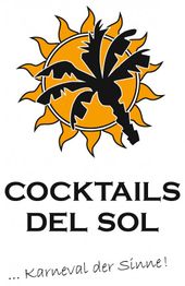 Logo mit Sonne, Palme, Text "Cocktails del Sol", darunter "Karneval der Sinne!".