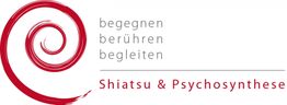 Rote Spirale mit Text: begegnen, berühren, begleiten. Unten: Shiatsu & Psychosynthese.
