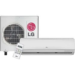 Ar-condicionado LG com controle remoto, unidade interna e externa visíveis.