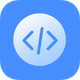 Icon showing coding symbols on a blue background.