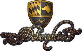 Wappen mit Hundekopf und stilisiertem Text "von Doberstein" in eleganter Schrift.