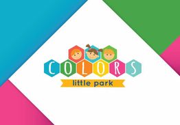 Logo de "Colors Little Park" con figuras de niños en hexágonos de colores sobre fondo geométrico.