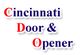 Stylized text: "Cincinnati Door & Opener" with red and blue accents.