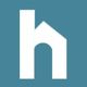 Lowercase white "h" resembling a house on a blue background.
