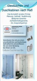 Flyer für maßgefertigte Glasduschen mit Kontaktdaten und Bilder von Duscharmaturen.