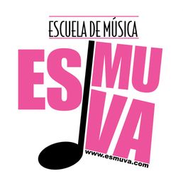 Logotipo de Escuela de Música ESMUVA, con texto en rosa y nota musical negra.