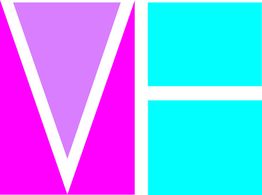 Abstraktes Design mit einem lila Dreieck und blauen Rechtecken auf pinkem Hintergrund.