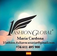 Logotipo de 1Fashion Global con contacto de María Cardona y bandera de España.