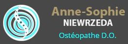 Logo circulaire bleu et texte : "Anne-Sophie Niewrzeda, Ostéopathe D.O." sur fond gris.