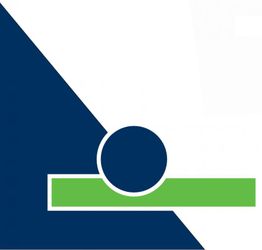 Blaues Dreieck, grüner Streifen und blauer Kreis auf weißem Hintergrund.