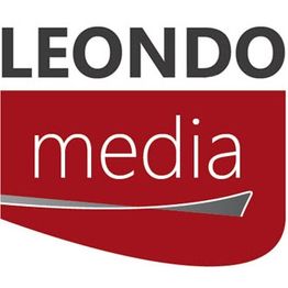 Logo von Leondo Media mit rotem Hintergrund und weißer Schrift.