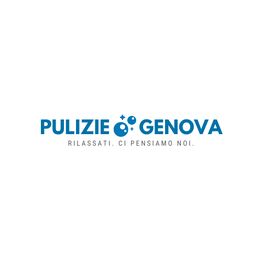 Logo con testo blu "PULIZIE GENOVA" e slogan "RILASSATI. CI PENSIAMO NOI.".