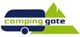 Logo mit einem blauen Wohnwagen und grünen Bergen, Text: "Camping Gate".