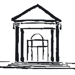 Desenho em preto e branco de um prédio clássico com colunas e frontão triangular.