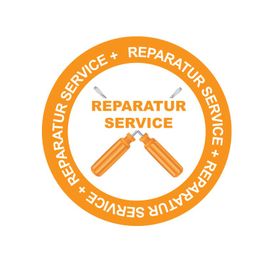 Kreisförmiges Logo mit "Reparatur Service" und zwei Schraubendrehern in Orange.