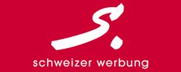 Rotes Logo mit weißem Symbol und Text "schweizer werbung".