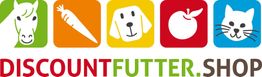 Logo mit Pferd, Möhre, Hund, Apfel, Katze und Text "DISCOUNTFUTTER.SHOP".