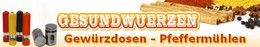 Verschiedene Gewürze, Gewürzdosen und Pfeffermühlen mit dem Titel "Gesundwürzen".