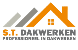 Logo van S.T. Dakwerken met oranje en grijze daklijn en tekst "Professioneel in dakwerken".