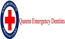 "Logo for Queens Emergency Dentists with a red cross and blue oval border."