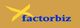 Yellow "X" and "factorbiz" in blue text on a brown background.