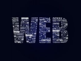 Text-Wolke im Wort "WEB" mit Begriffen wie Design, SEO und Content auf dunklem Hintergrund.
