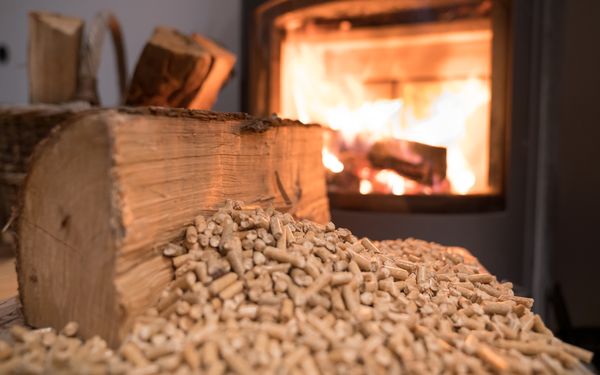 Vor einem Kaminfeuer liegen Holzscheite und Holzpellets zum Heizen