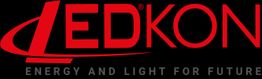 Logo von LEDKON mit dem Slogan "Energy and Light for Future" auf schwarzem Hintergrund.