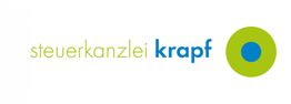 Logo der Steuerkanzlei Krapf mit grünem Kreis, blauer Punkt und Schriftzug in Grün und Blau.