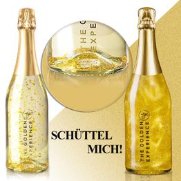 Zwei goldene Champagnerflaschen mit dem Text „Schüttel mich!“ und goldenen Partikeln.