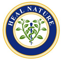 Blaues Logo mit Schlange und Pflanzen, Text "HEAL NATURE" in Weiß auf gelbem Rand.