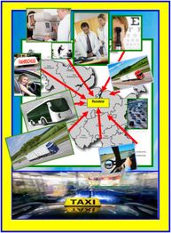 Karte von Reinfeld mit Verkehrsbildern: Bus, LKW, Taxi, Fahrtraining und medizinische Szenen.