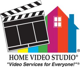Film clapperboard and colorful house logo with "Home Video Studio: Video Services for Everyone!"