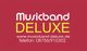 Musikband DELUXE Logo mit Website und Telefonnummer auf rotem Hintergrund.