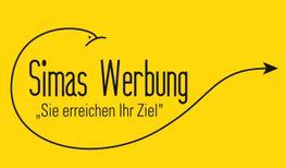 Gelber Hintergrund mit Text: "Simas Werbung" und "Sie erreichen Ihr Ziel" in schwarzer Schrift.