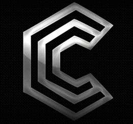 Metallic geometric letter "C" logo on a black textured background.