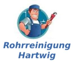 Eine Cartoon-Figur mit Latzhose hält eine Rohrzange. Text: "Rohrreinigung Hartwig".
