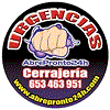 Logo de cerrajería de urgencias con teléfono de contacto y puño en el centro.