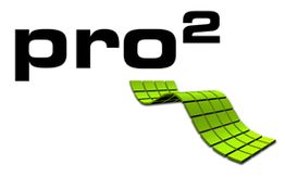 Schwarzer Text "pro²" mit grünem, wellenförmigem Rastermuster darunter.